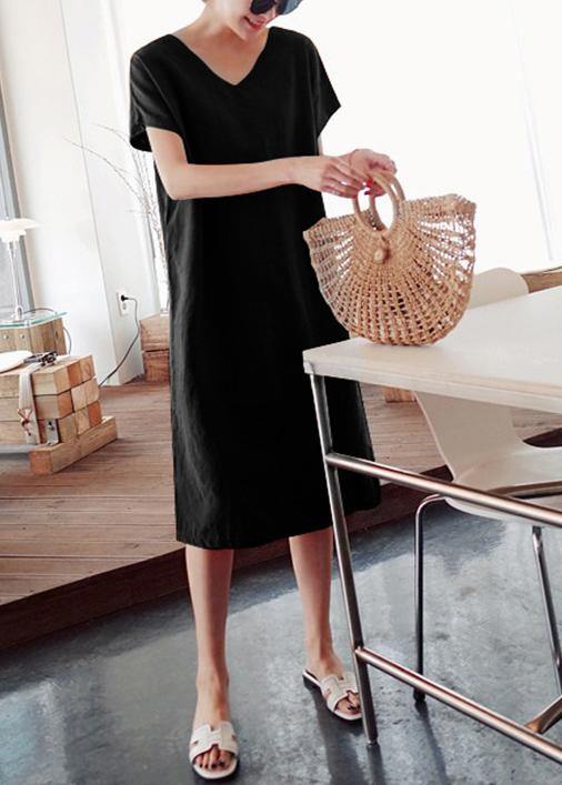 DIY o neck side open Cotton summer Tunics linen Black stripes Dress