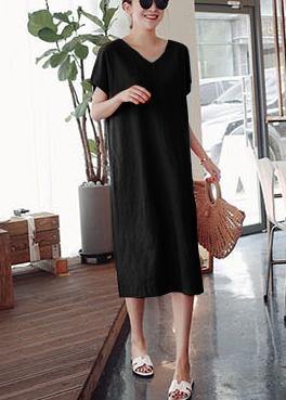 DIY o neck side open Cotton summer Tunics linen Black flowers Dress