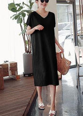 DIY o neck side open Cotton summer Tunics linen Black flowers Dress