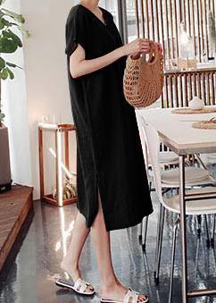 DIY o neck side open Cotton summer Tunics linen Black flowers Dress