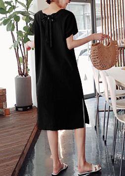 DIY o neck side open Cotton summer Tunics linen Black flowers Dress