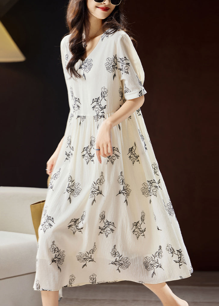 Elegant Beige Embroidered Floral Patchwork Maxi Dress Short Sleeve