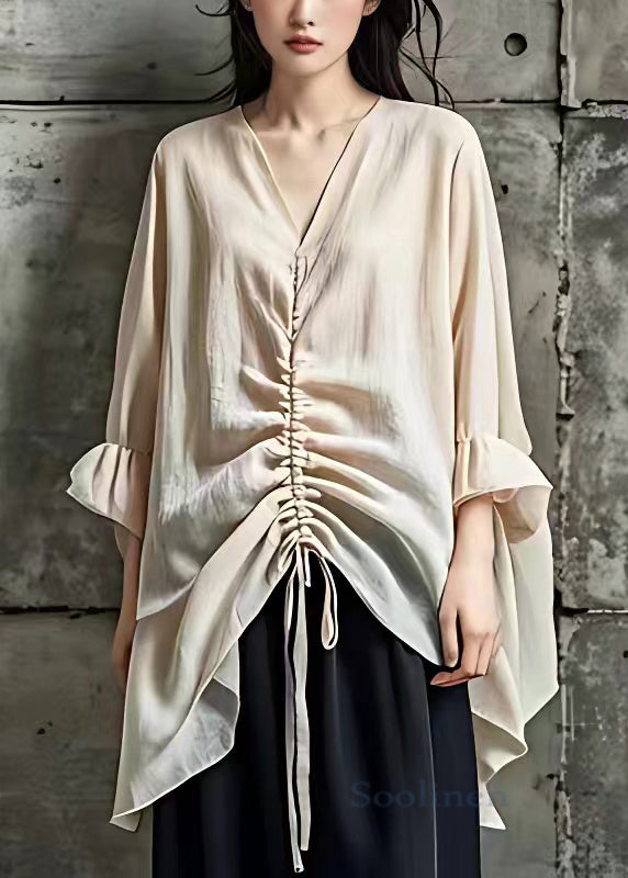 Elegant Beige V Neck Lace Up Cotton Top Butterfly Sleeve