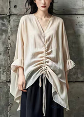 Elegant Beige V Neck Lace Up Cotton Top Butterfly Sleeve