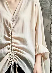 Elegant Beige V Neck Lace Up Cotton Top Butterfly Sleeve