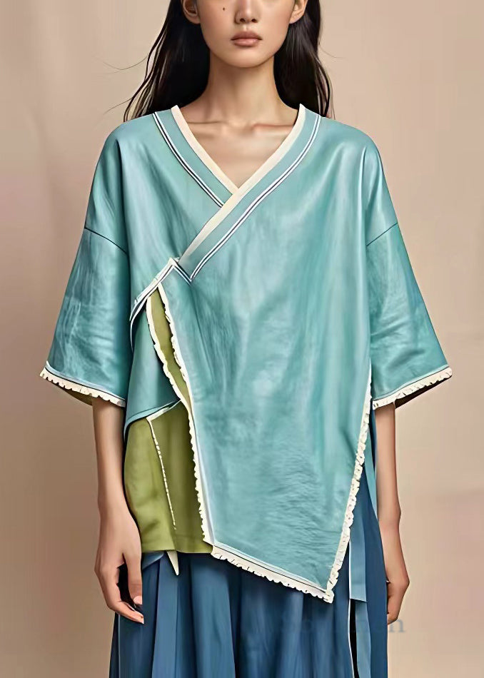 Elegant Blue V Neck Patchwork Cotton Tops Half Sleeve