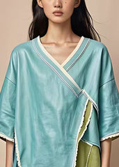 Elegant Blue V Neck Patchwork Cotton Tops Half Sleeve