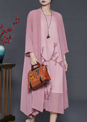 Elegant Brick Pink Plum Blossom Embroidered Chiffon 2 Piece Outfit Summer