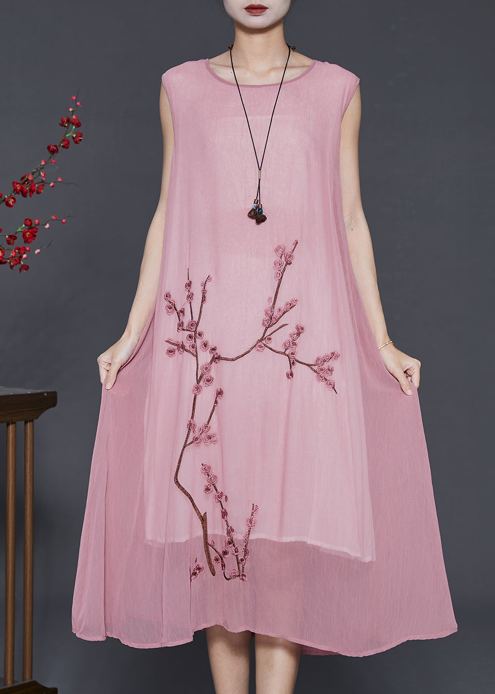 Elegant Brick Pink Plum Blossom Embroidered Chiffon 2 Piece Outfit Summer