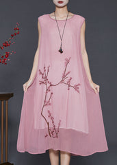 Elegant Brick Pink Plum Blossom Embroidered Chiffon 2 Piece Outfit Summer