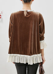 Elegant Brown Nail Bead Patchwork Silk Velour Tops Flare Sleeve