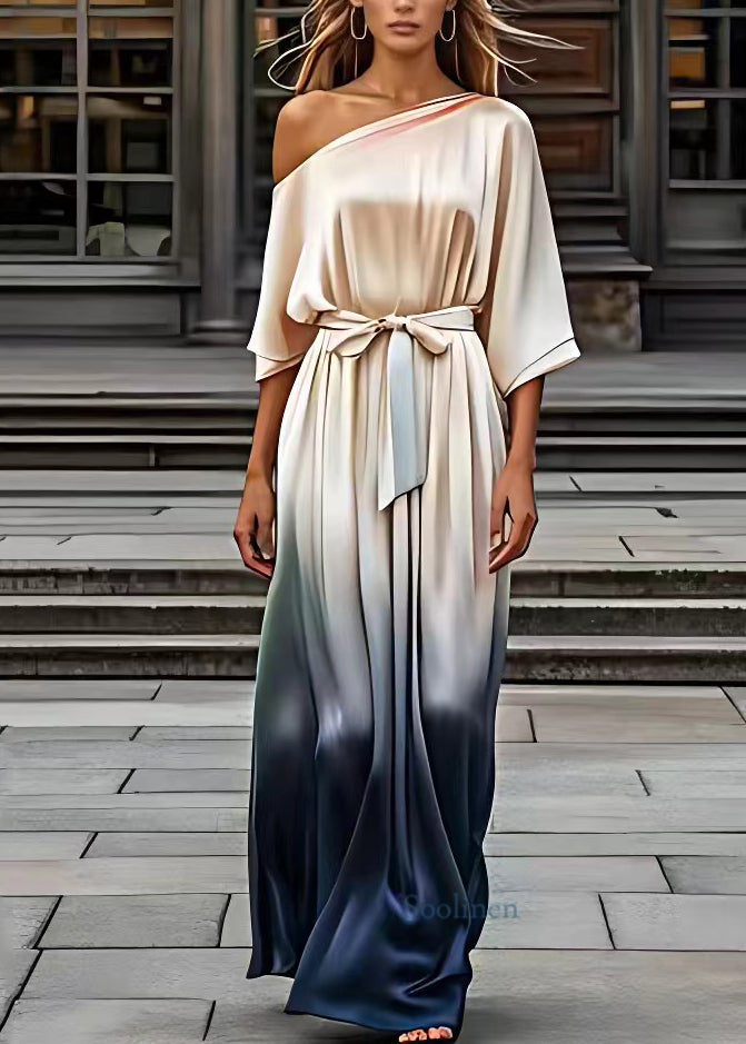 Elegant Champagne Slash Neck Tie Waist Silk Maxi Dresses Half Sleeve