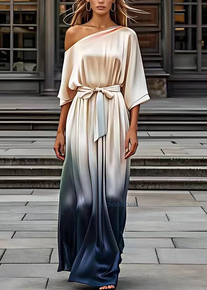 Elegant Champagne Slash Neck Tie Waist Silk Maxi Dresses Half Sleeve