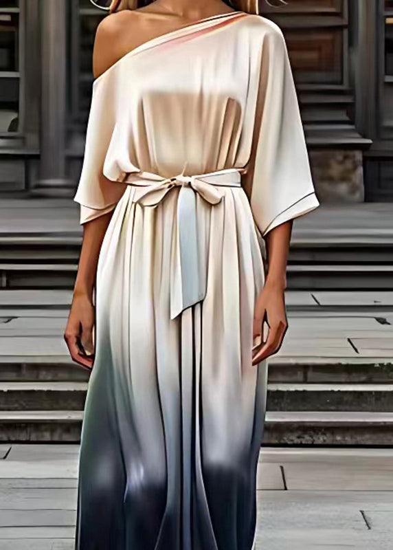 Elegant Champagne Slash Neck Tie Waist Silk Maxi Dresses Half Sleeve