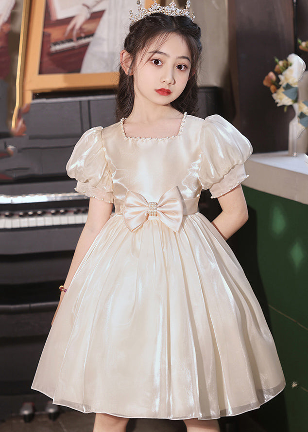 Elegant Champagne Square Collar Bow Patchwork Zircon Tulle Girls Long Holiday Dress Summer