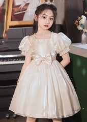 Elegant Champagne Square Collar Bow Patchwork Zircon Tulle Girls Long Holiday Dress Summer