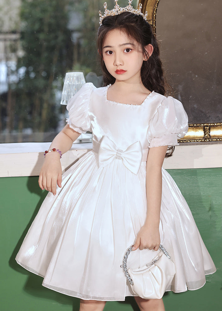 Elegant Champagne Square Collar Bow Patchwork Zircon Tulle Girls Long Holiday Dress Summer