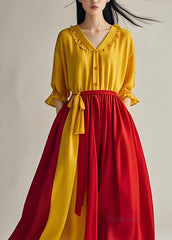 Elegant Colorblock Ruffled Patchwork Cotton Dresses Summer