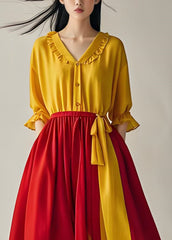 Elegant Colorblock Ruffled Patchwork Cotton Dresses Summer