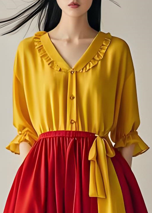 Elegant Colorblock Ruffled Patchwork Cotton Dresses Summer