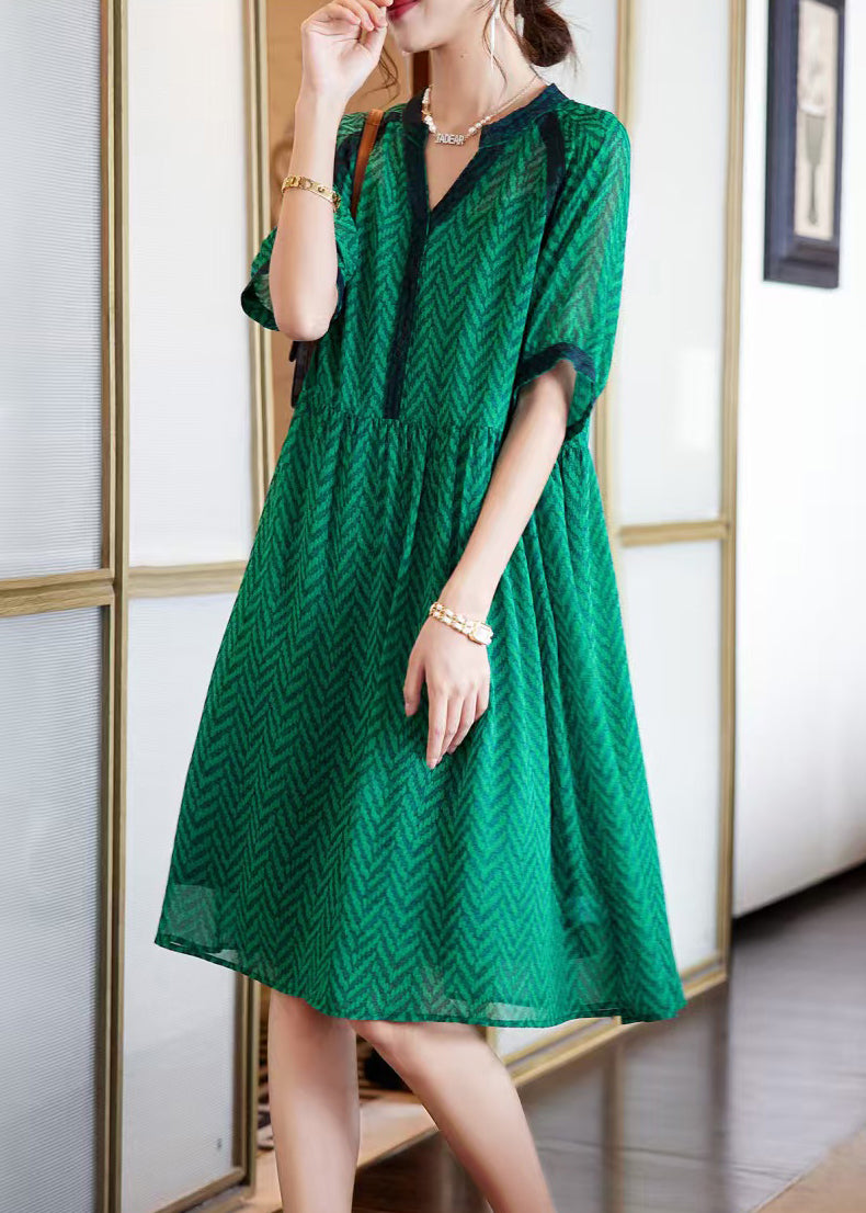 Elegant Green V Neck Print Chiffon Holiday Dress Summer