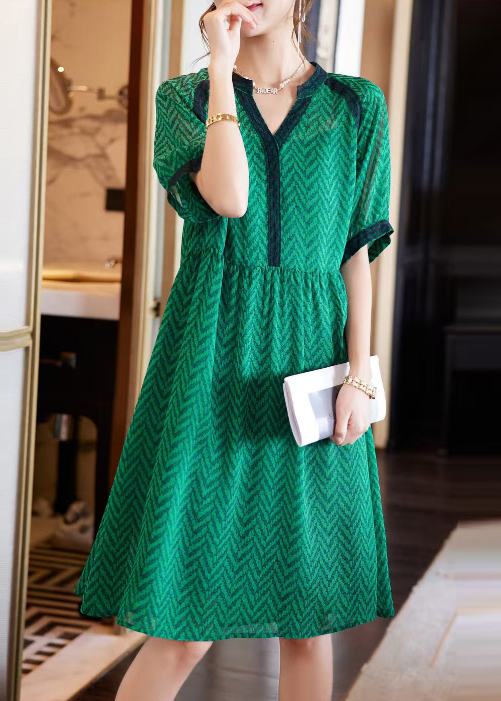 Elegant Green V Neck Print Chiffon Holiday Dress Summer