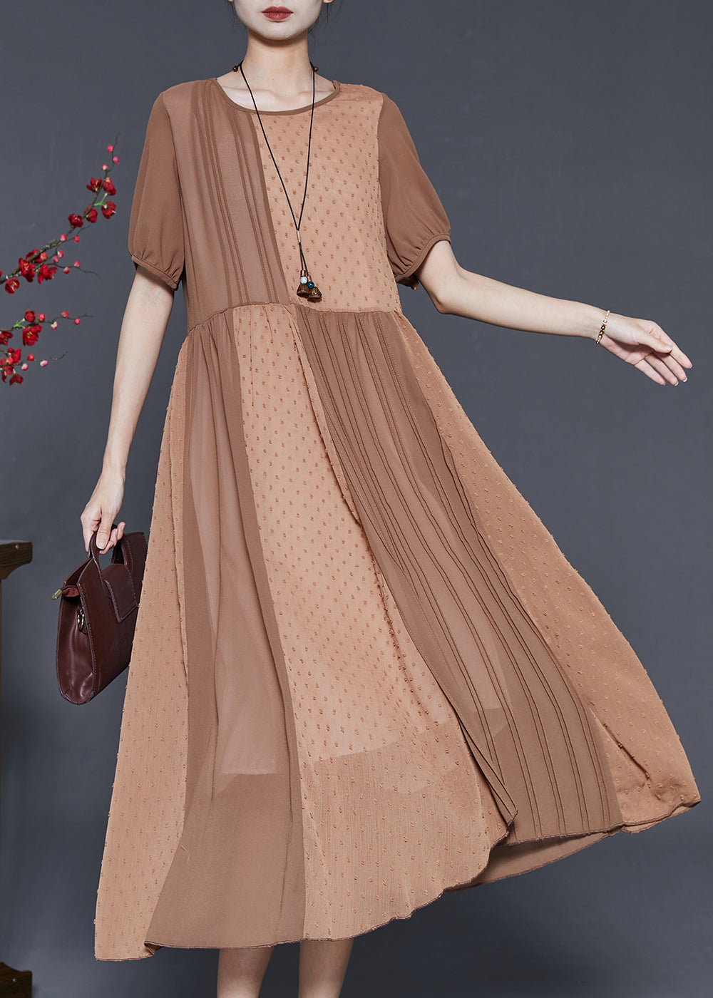 Elegant Khaki Patchwork Cotton Silk Pleated Dress Summer