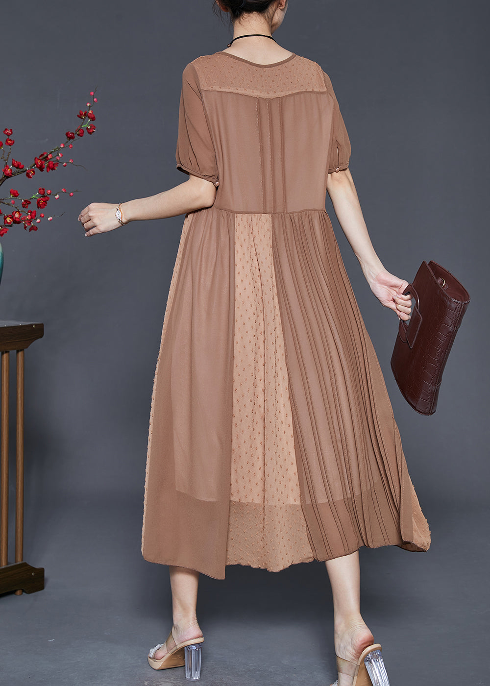 Elegant Khaki Patchwork Cotton Silk Pleated Dress Summer