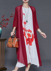 Elegant Mulberry Print Chiffon Cardigan And Dress Two Pieces Set Summer