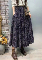 Elegant Navy Pockets Elastic Waist Cotton Skirt Fall