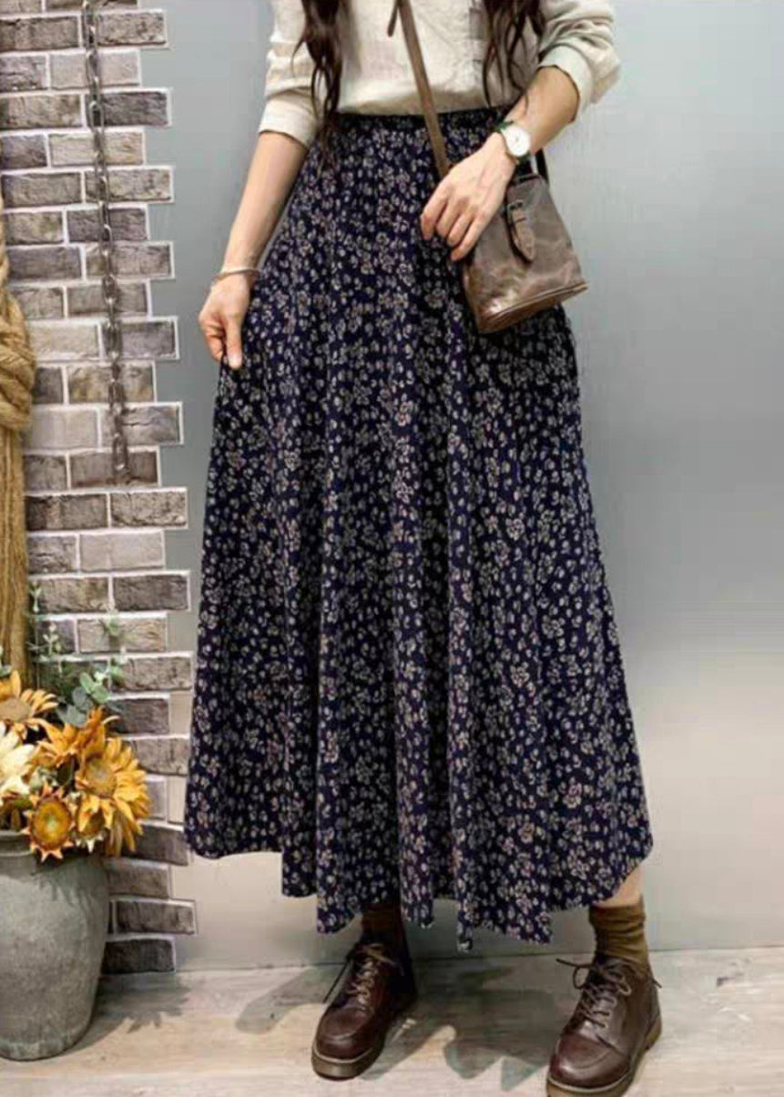 Elegant Navy Pockets Elastic Waist Cotton Skirt Fall