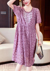 Elegant Purple Print Ruffled Patchwork Chiffon Long Dresses Summer