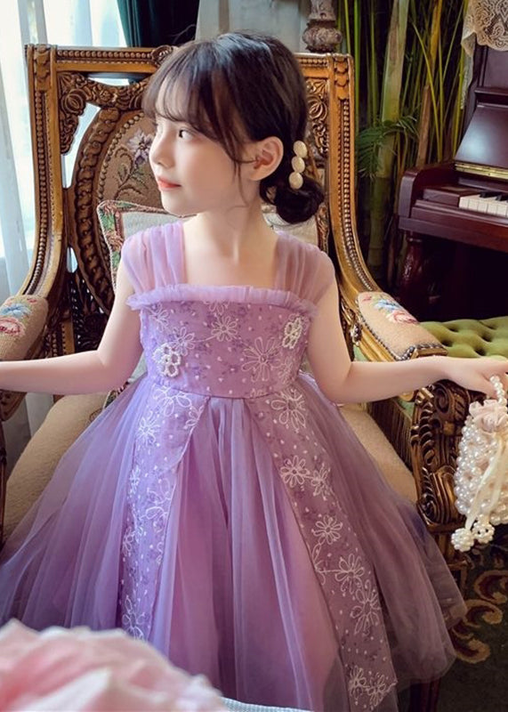 Elegant Purple Square Collar Embroideried Patchwork Tulle Kids Maxi Dress Summer