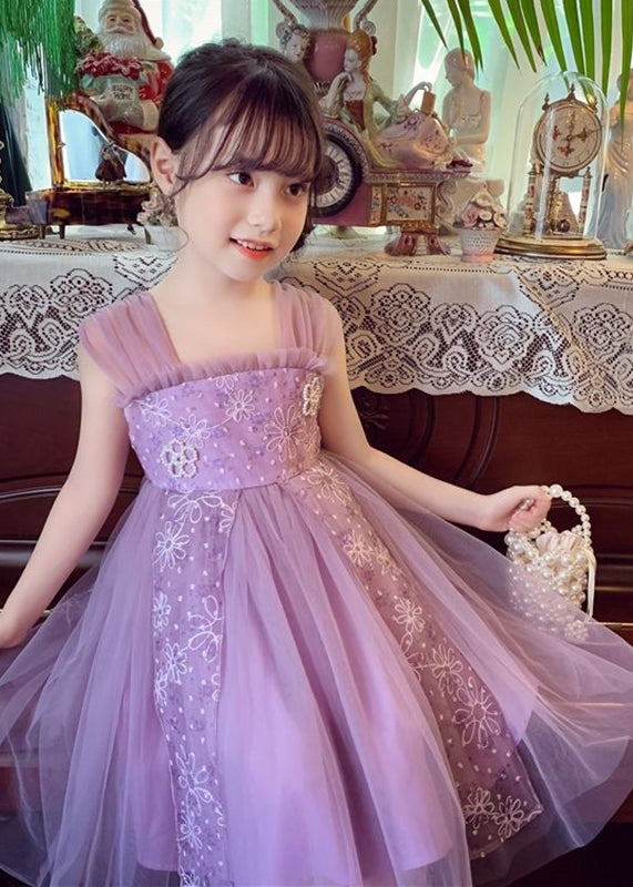 Elegant Purple Square Collar Embroideried Patchwork Tulle Kids Maxi Dress Summer