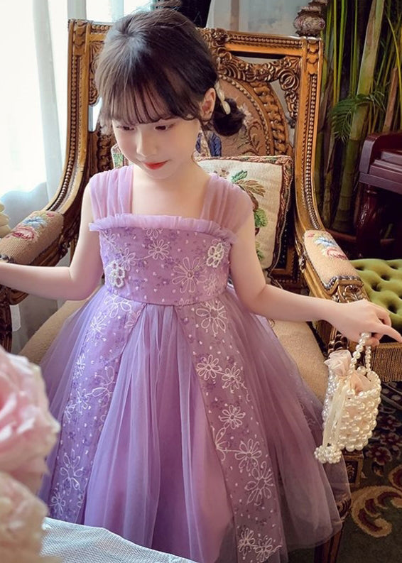 Elegant Purple Square Collar Embroideried Patchwork Tulle Kids Maxi Dress Summer