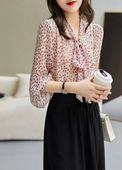 Elegant Red Bow Print Silk Tops Long Sleeve