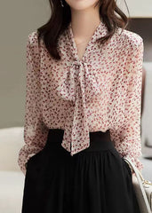 Elegant Red Bow Print Silk Tops Long Sleeve