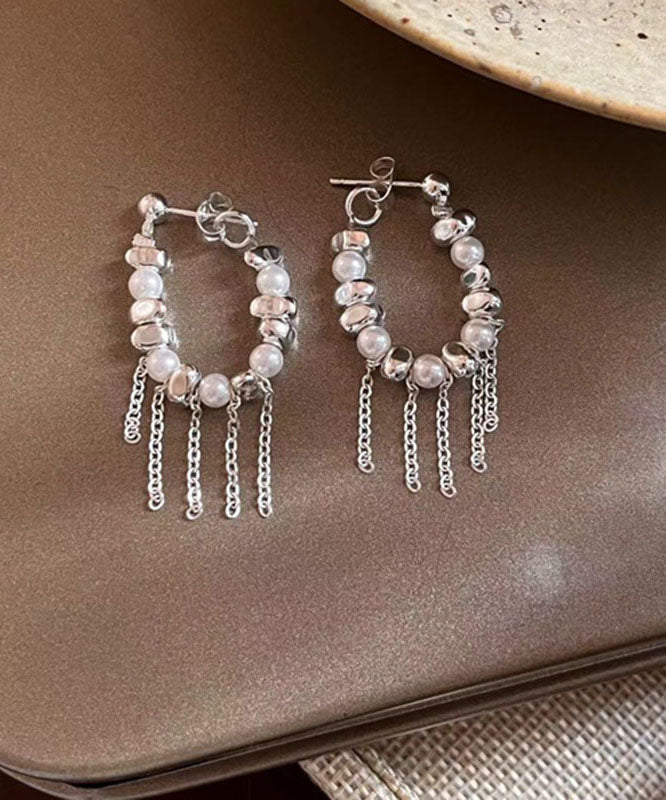 Elegant White Copper Silver Plating Pearl Tassel Drop Earrings