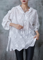 Elegant White Embroidered Floral Oriental Shirt Tops Summer