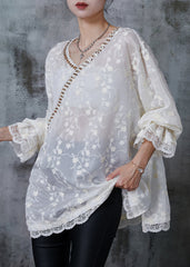 Elegant White Embroidered Floral Zircon Cotton Shirt Tops Summer