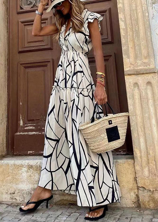 Elegant White Ruffled Print Cotton Long Dresses Summer