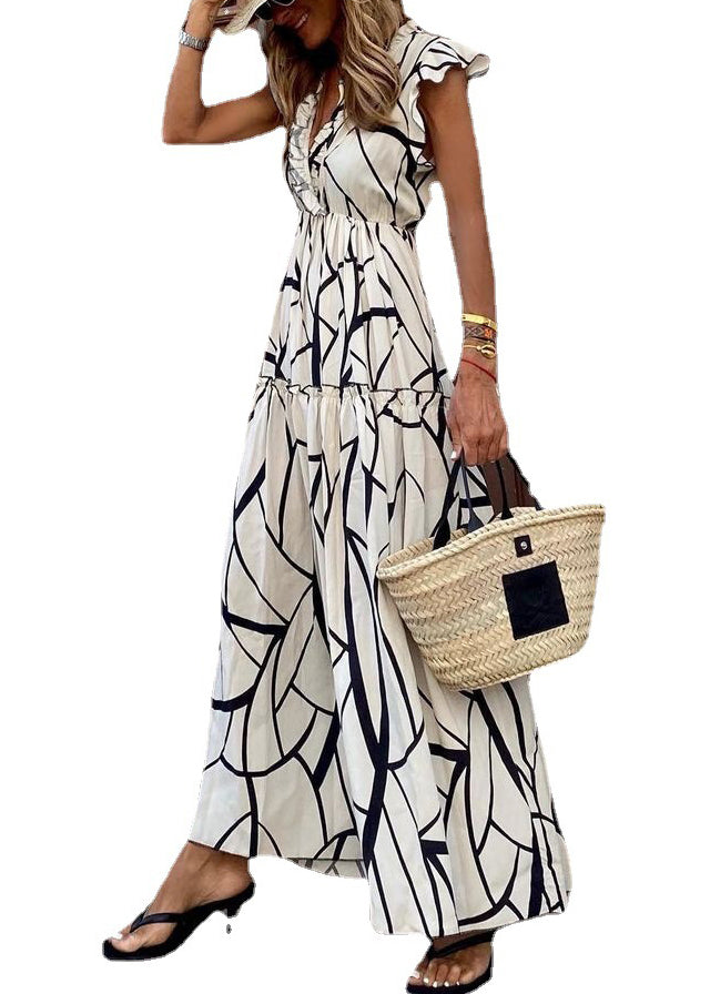 Elegant White Ruffled Print Cotton Long Dresses Summer