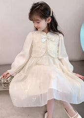 Elegant White Stand Collar Embroideried Kids Chiffon Long Dress Long Sleeve