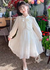 Elegant White Stand Collar Embroideried Kids Chiffon Long Dress Long Sleeve