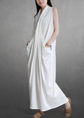 Elegant White V Neck Pockets Cotton Maxi Dresses Sleeveless