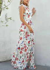 Elegant White V Neck Print Chiffon Long Dresses Sleeveless