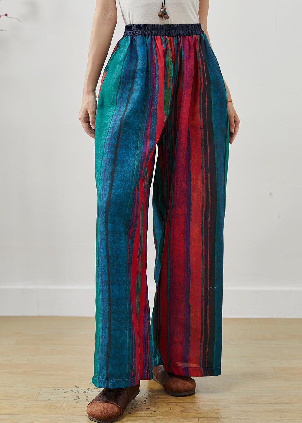 Ethnic Style Colorblock Oversized Striped Linen Pants Summer