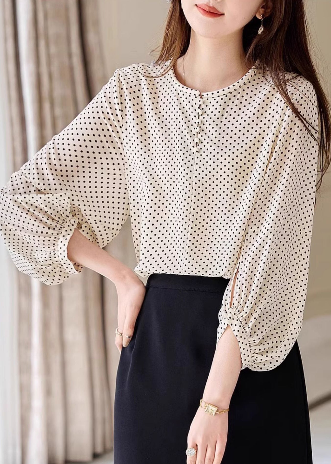 Fashion Apricot Dot Print Chiffon Top Long Sleeve