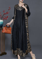 Fashion Black Oversized Print Wrinkled Silk Holiday Dresses Spring