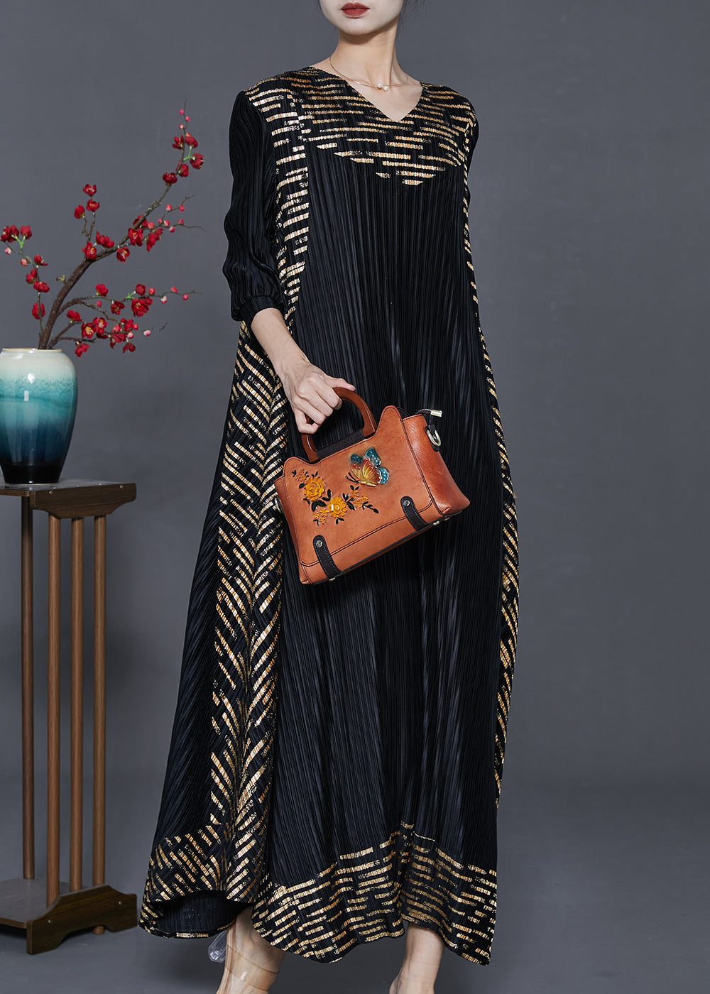 Fashion Black Oversized Print Wrinkled Silk Holiday Dresses Spring